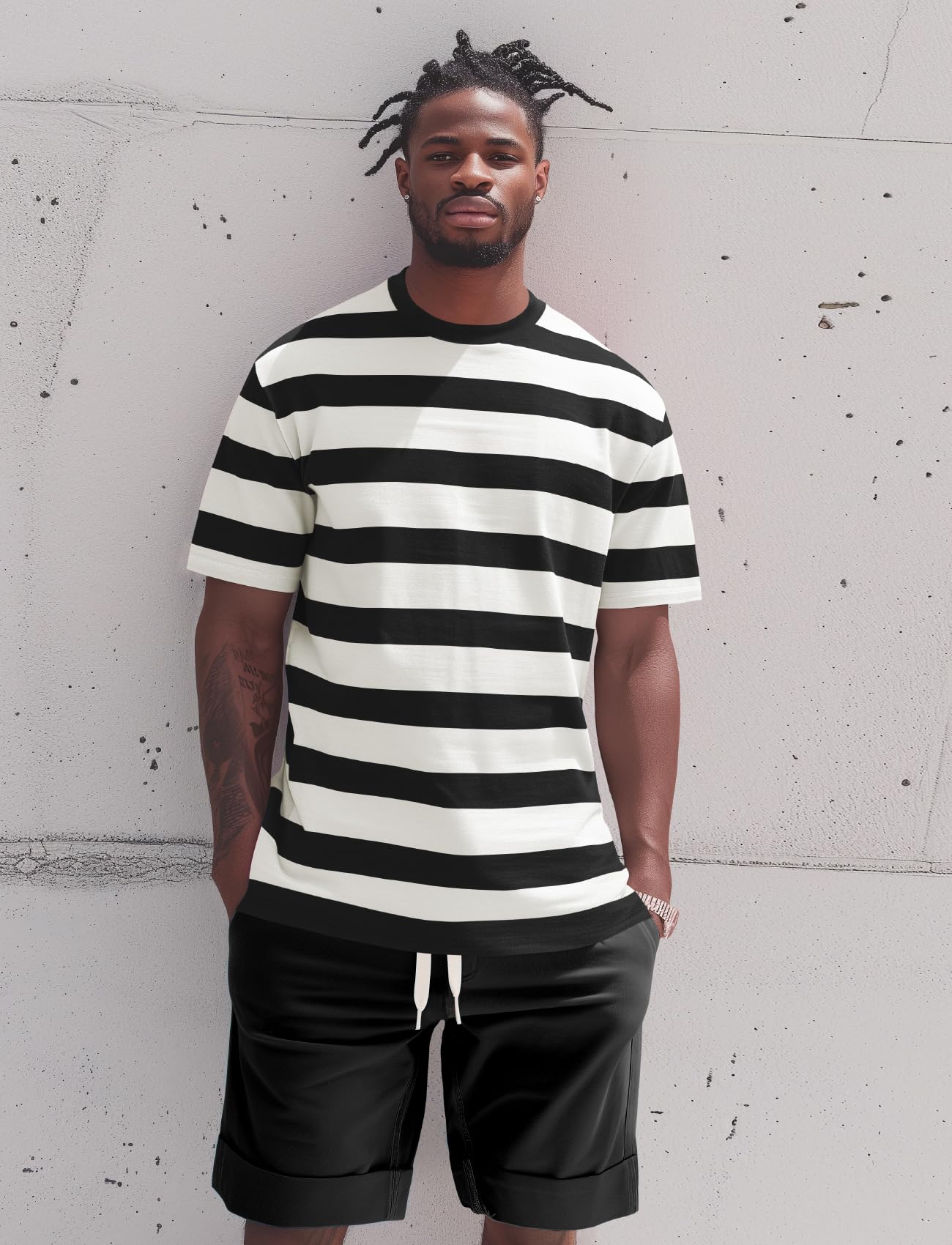 Zengjo Mens Striped T Shirt(Black/Off White,L)