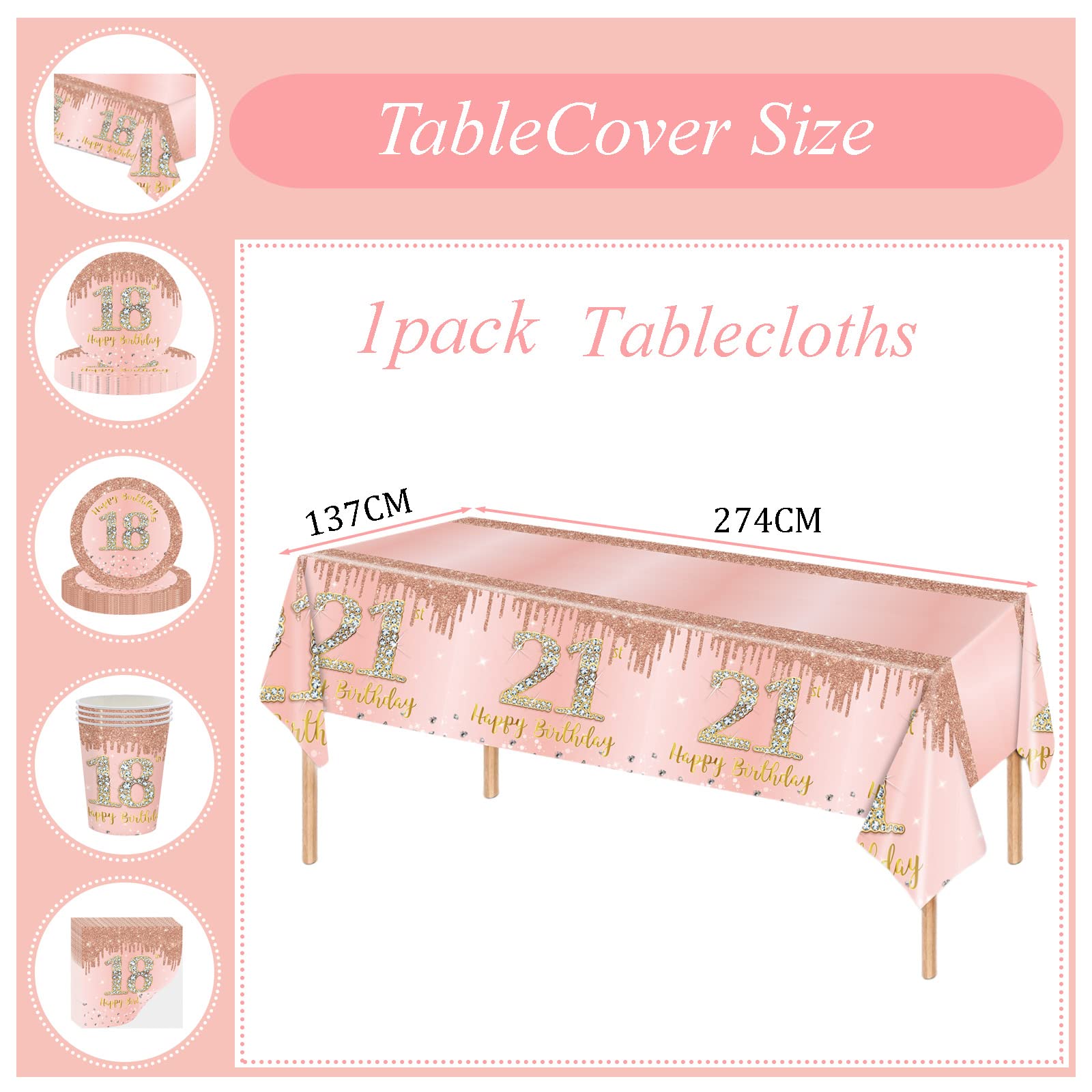 137*274cm Rose Gold 21st Birthday Table Cloth 21st Party Table Decorations,21st Birthday Tablecover Rose Gold Plastic Disposable Waterproof Table cover for Girl,Women,Her Birthday Party Decorations