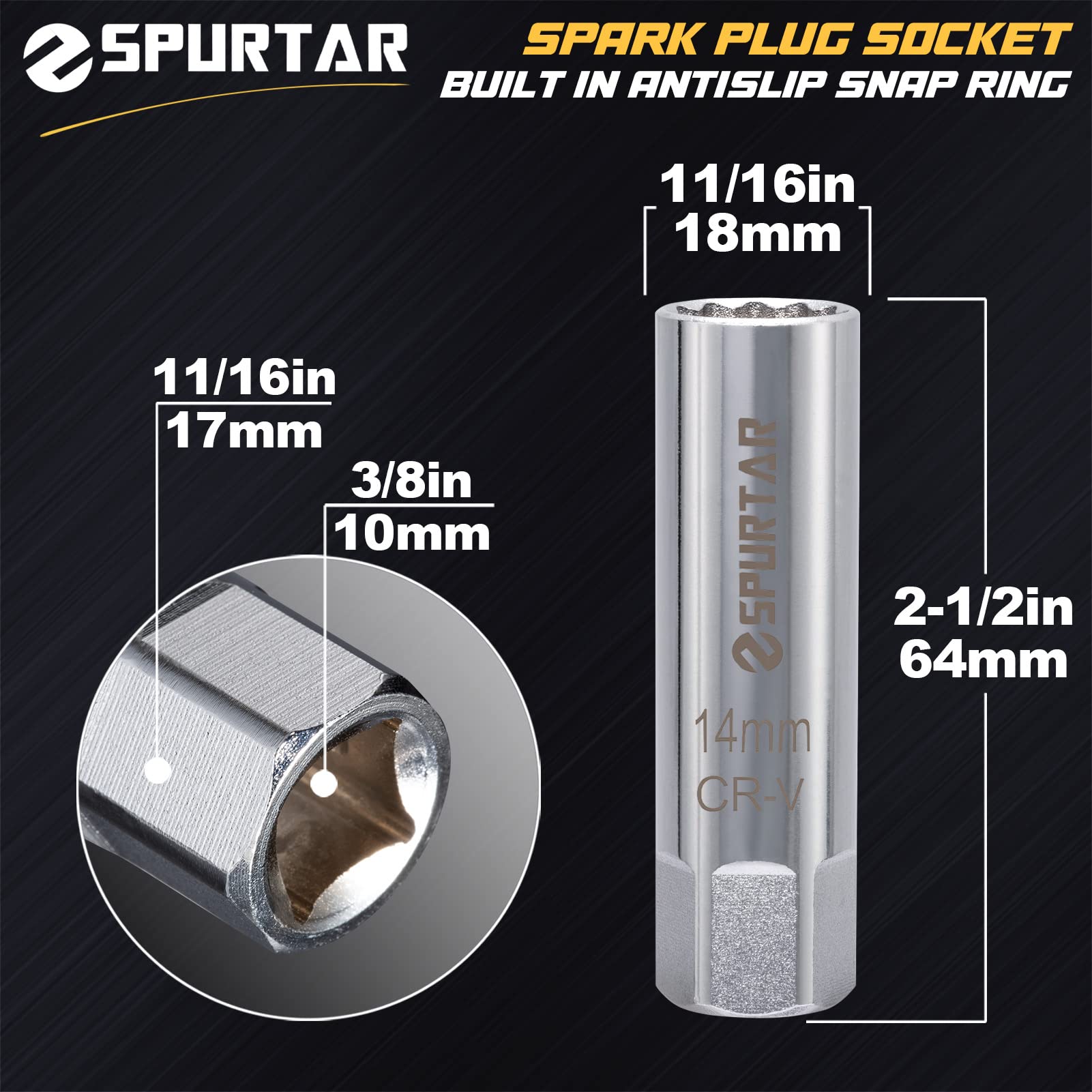 Spurtar 14mm Spark Plug Socket 12-Point Thin Wall, Build-in Spring Clips Spark Plug Removal Tool Compatible with BMW, Mercedes, Nissan, Peugeot, Mini Motorcycle, Car, SUV - 3/8 inches Drive