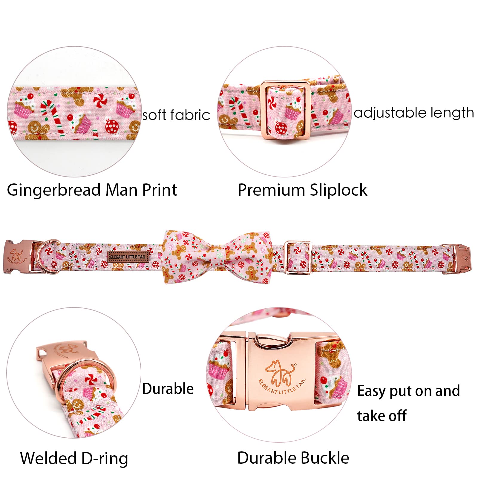 Elegant little tail Christmas Dog Collar with Bow, Pink Gingerbread Man Dog Collar Bow Girl or Boy Dog Collar Dog Bowtie Pet Gift Adjustable Dog Collar for X-Small Puppy