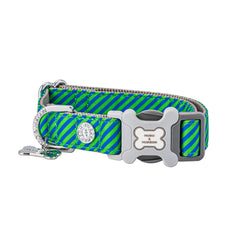 HUGO & HUDSON Nylon Dog Collar with Quick Release Safety Buckle, Navy & Green Striped, XS