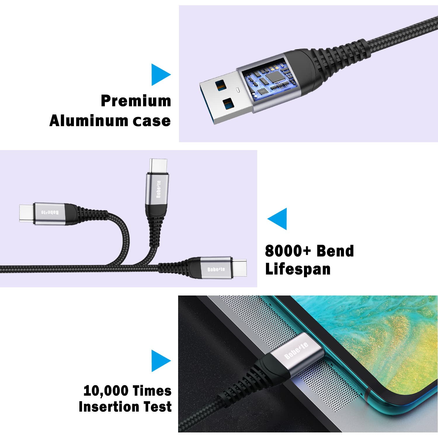 USB Type C Cable Fast Charge,[3pack,1Mand2Mand3M] USB C Charger Cable Nylon Charging Lead for Samsung Galaxy S20 FE S21 S22 S10 S9 S8 Plus A41 A42 A40 A51 A20e A21s A12 Note 20 10,Redmi Note 7 8T 9 9S