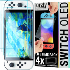 Orzly Glass Screen Protector for Nintendo Switch OLED 2024 Console Accessories (Pack of 4) - Tempered Glass Life time Edition