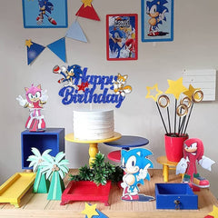 GZDUCK Blue Hedgehog Happy Birthday Cake Topper, Hedgehog Birthday Party Cake Decorations Supplies for Kids Birthday, the Hedgehog Cake Decor Glitter Cake Topper