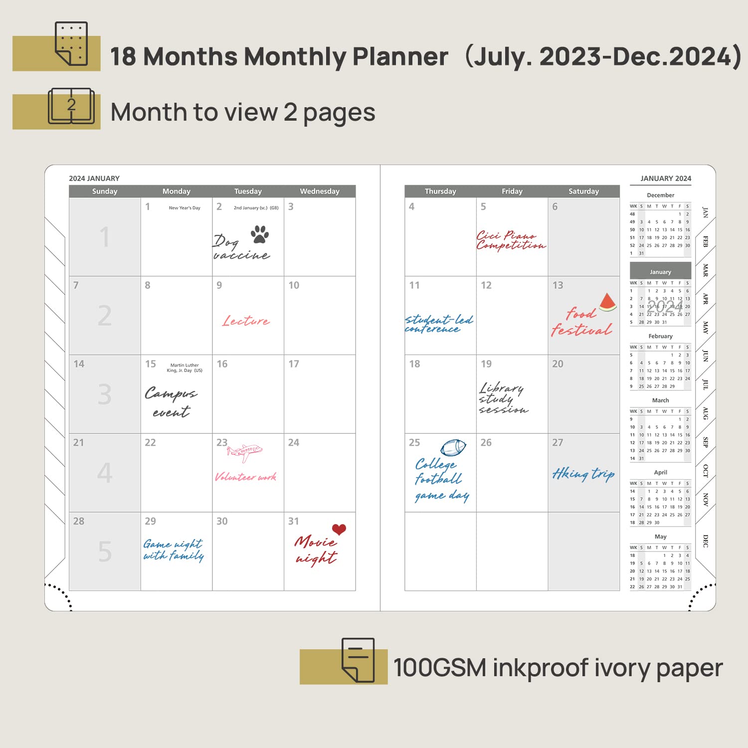 POPRUN Month to View Diary 2024-2025 22x16.5cm (18-Month: Jan'24 - Jun'25) Monthly Planner with Tabs, 100 GSM Ivory Paper, PU Leather Softcover, Sunday Start (Burgundy)