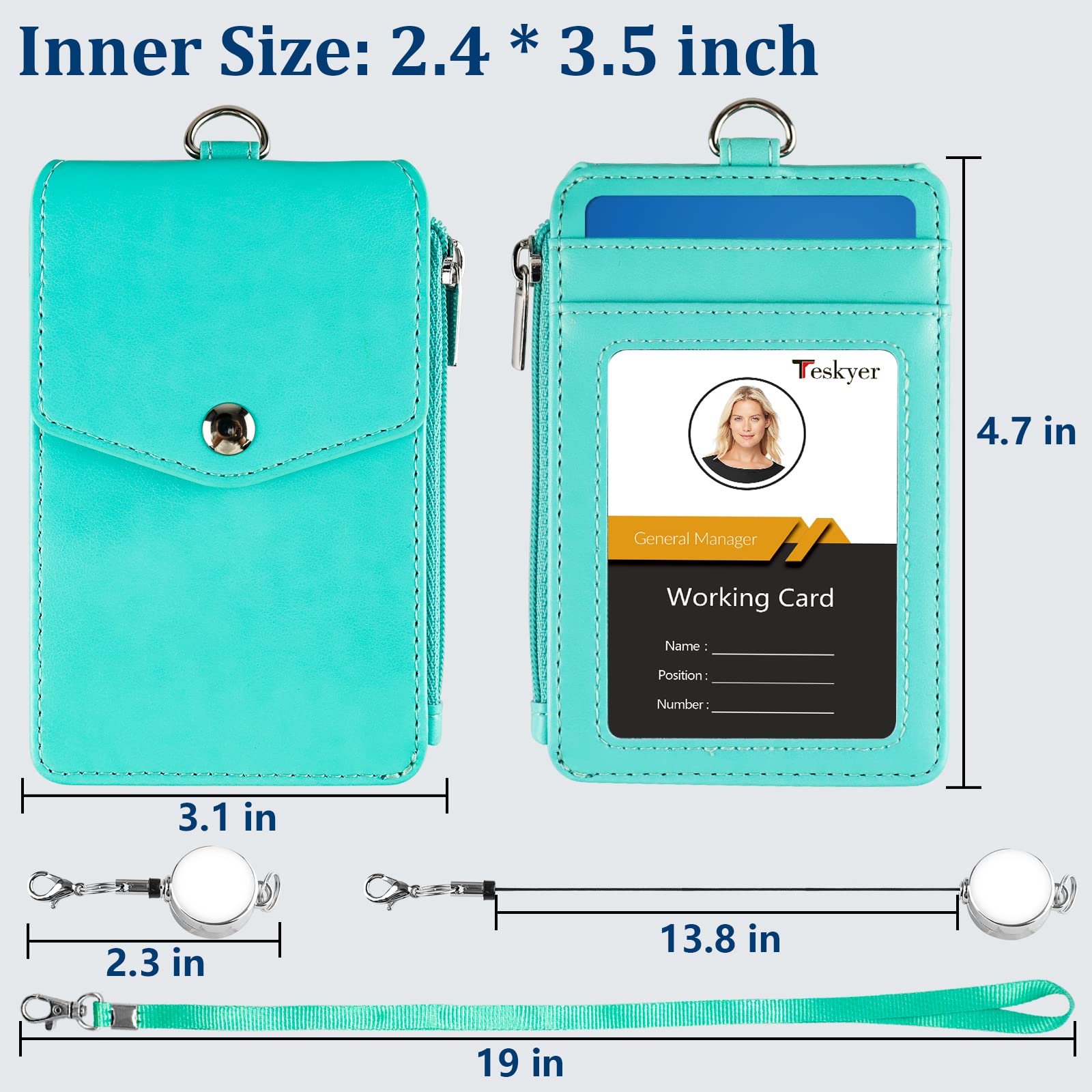 Teskyer Card Holder with Retractable Lanyard, Badge Holder with Zipper Pocket and Holds 4 Cards, Vertical Card Holder with Clear Window, PU Leather, Cyan