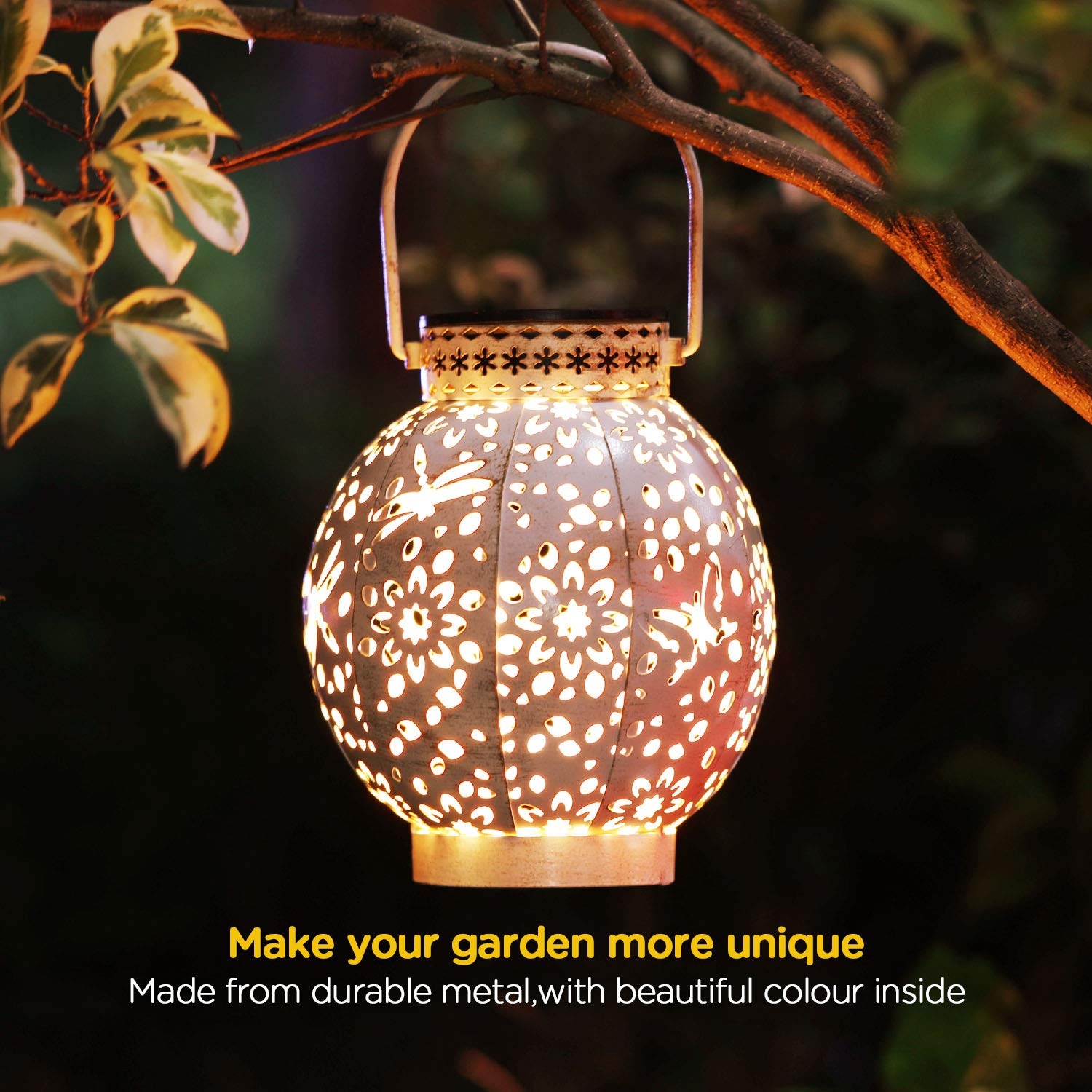 KOOPER Solar Lanterns Outdoor, Metal Hanging Solar Garden Lights with Vintage White Finish and Dual Color LED, Waterproof Garden Ornaments Lantern Lights Solar Powered for Yard Garden Patio Lawn