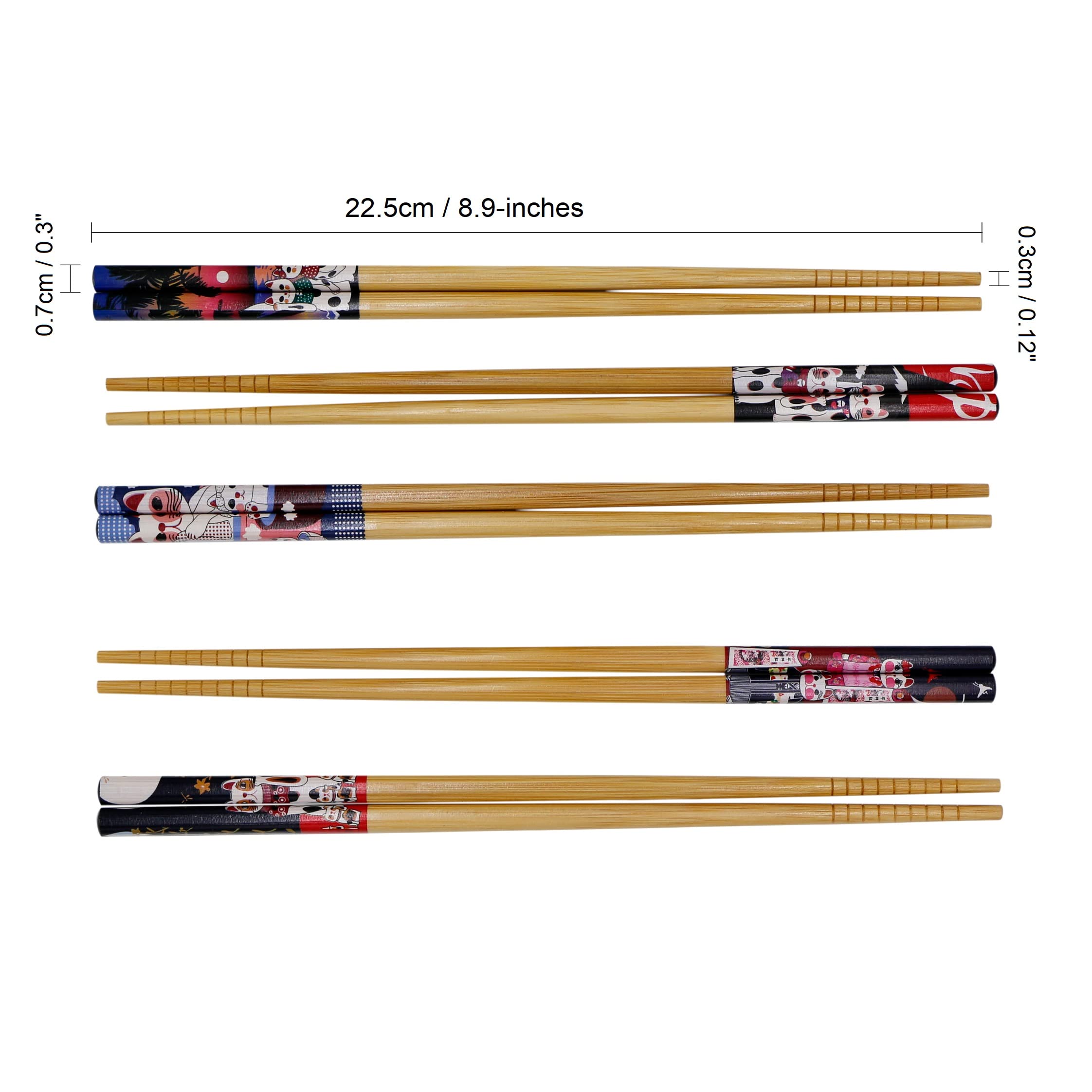 Exzact Chopsticks Gift Set - 5 Pairs of Reusable Natural Bamboo Chopsticks in a Beautiful Black Handmade Box - Decorated Japanese Lucky Cat/Fortune Cat Style