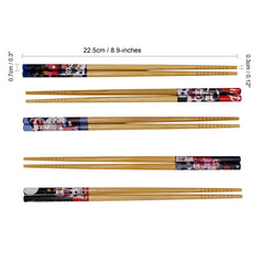 Exzact Chopsticks Gift Set - 5 Pairs of Reusable Natural Bamboo Chopsticks in a Beautiful Black Handmade Box - Decorated Japanese Lucky Cat/Fortune Cat Style