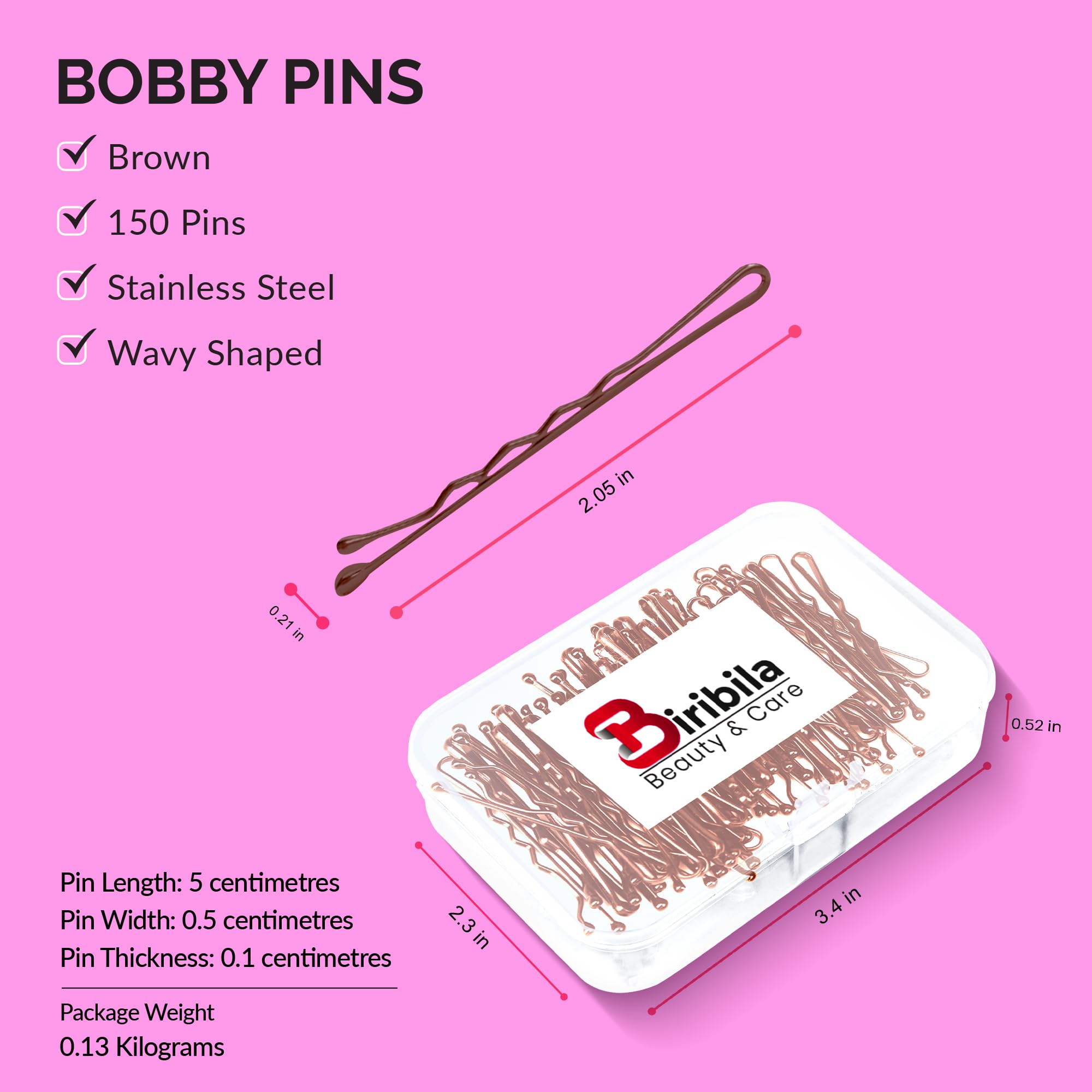 Biribila 150 Pcs Bobby Pins – 5cm Long Hair Pins for Women with Storage Box – Thicker & Strong Hair Grips Brown, Ideal for All Hair Types – Kirby Grips for Effortless Hair Styling - Brown