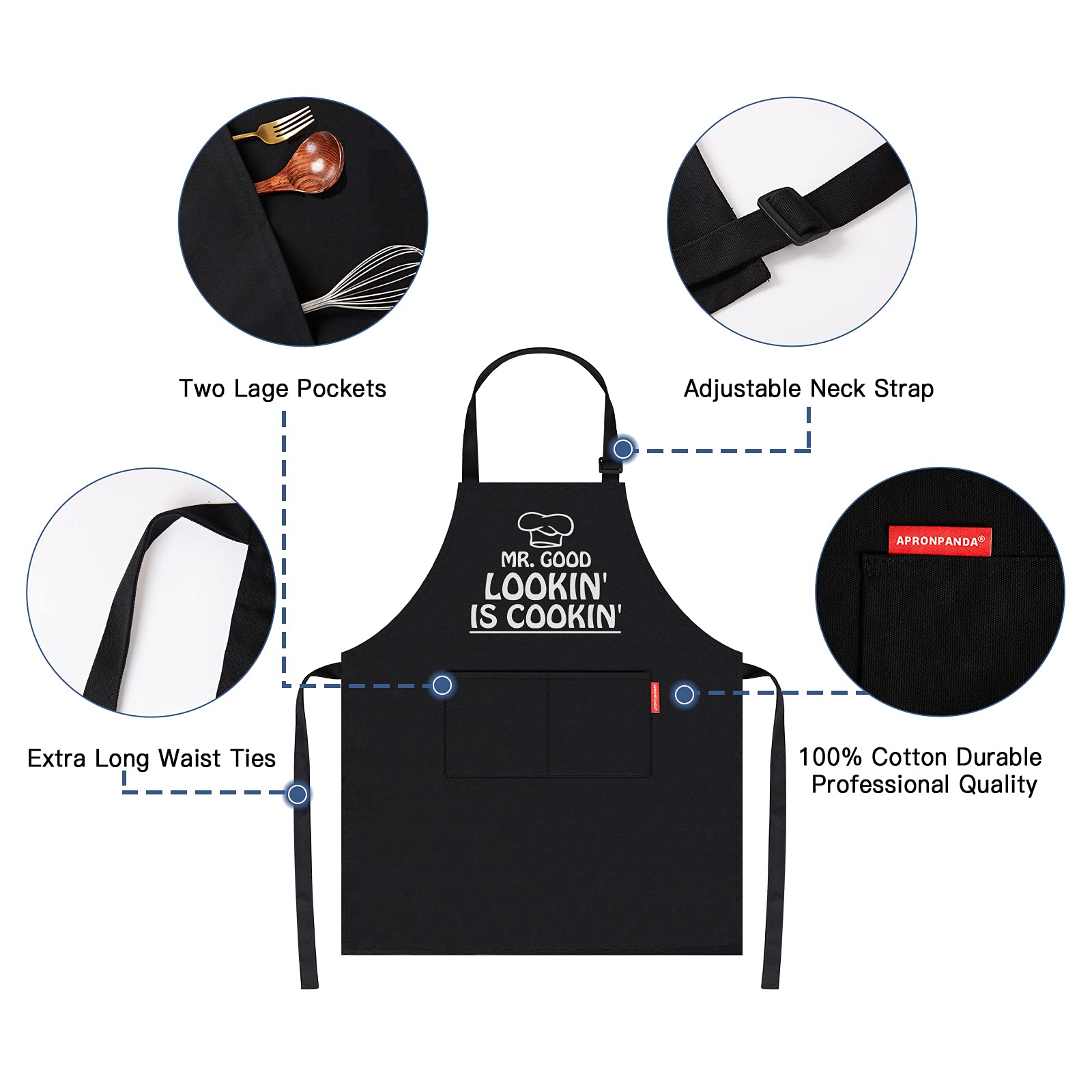 APRONPANDA Cooking Aprons for Men with Pockets, Adjustable Apron for Home Kitchen, BBQ Grilling, Cooking Gifts for Men Chef, Christmas Gifts for Men, Dad, Husband, Grandad Birthday Gifts