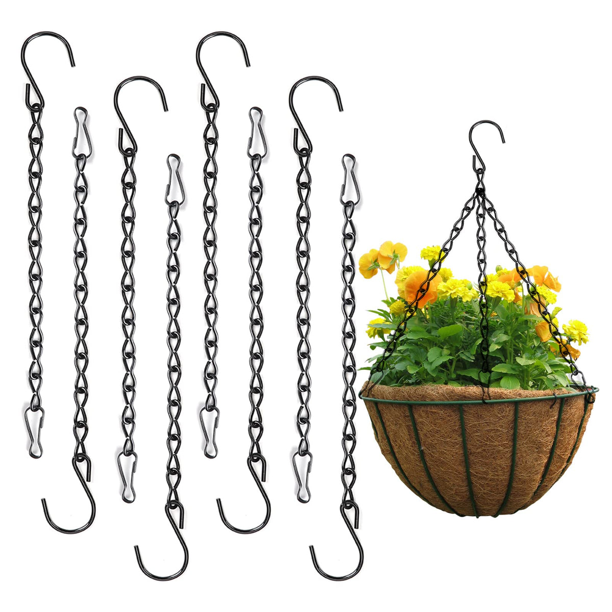 8 PCS Hanging Tray Set   Black Sturdy Metal Mesh Hang Chains Kit S-Shaped Hook for Home Outdoor Wild Bird Table Seed Feeding Planters Lanterns Decorations