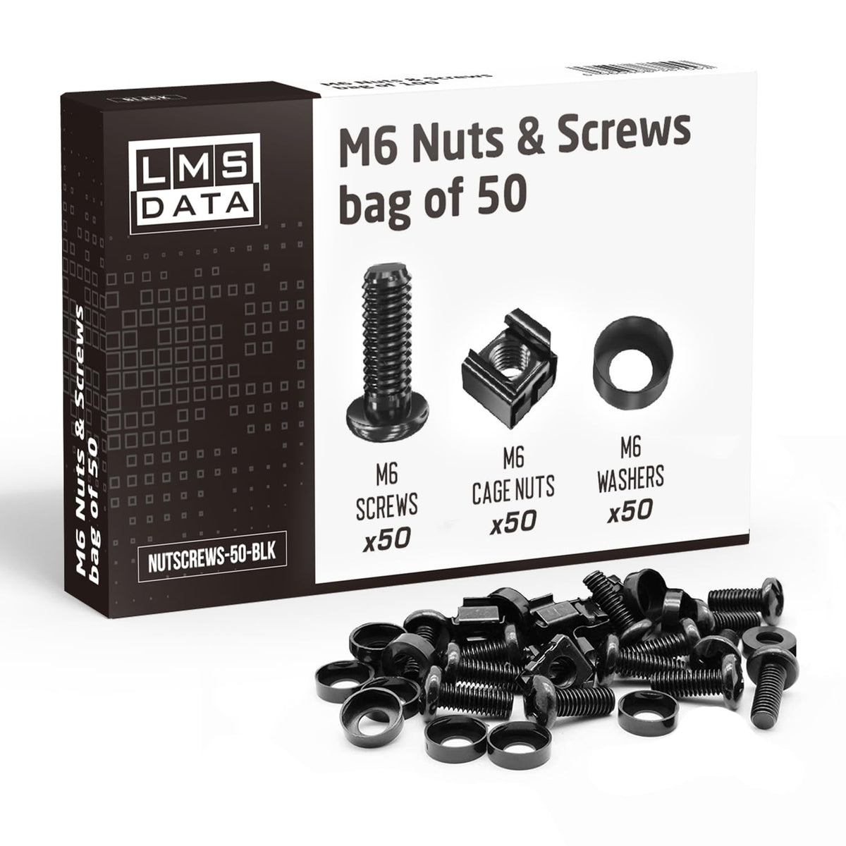 LMS Data M6 Cage Nuts Screws and Washers Set -Assortment Nuts and Bolts Kit for Rack Mount Data Cabinets, Server Shelves Fixing and Installation (Black, 50)