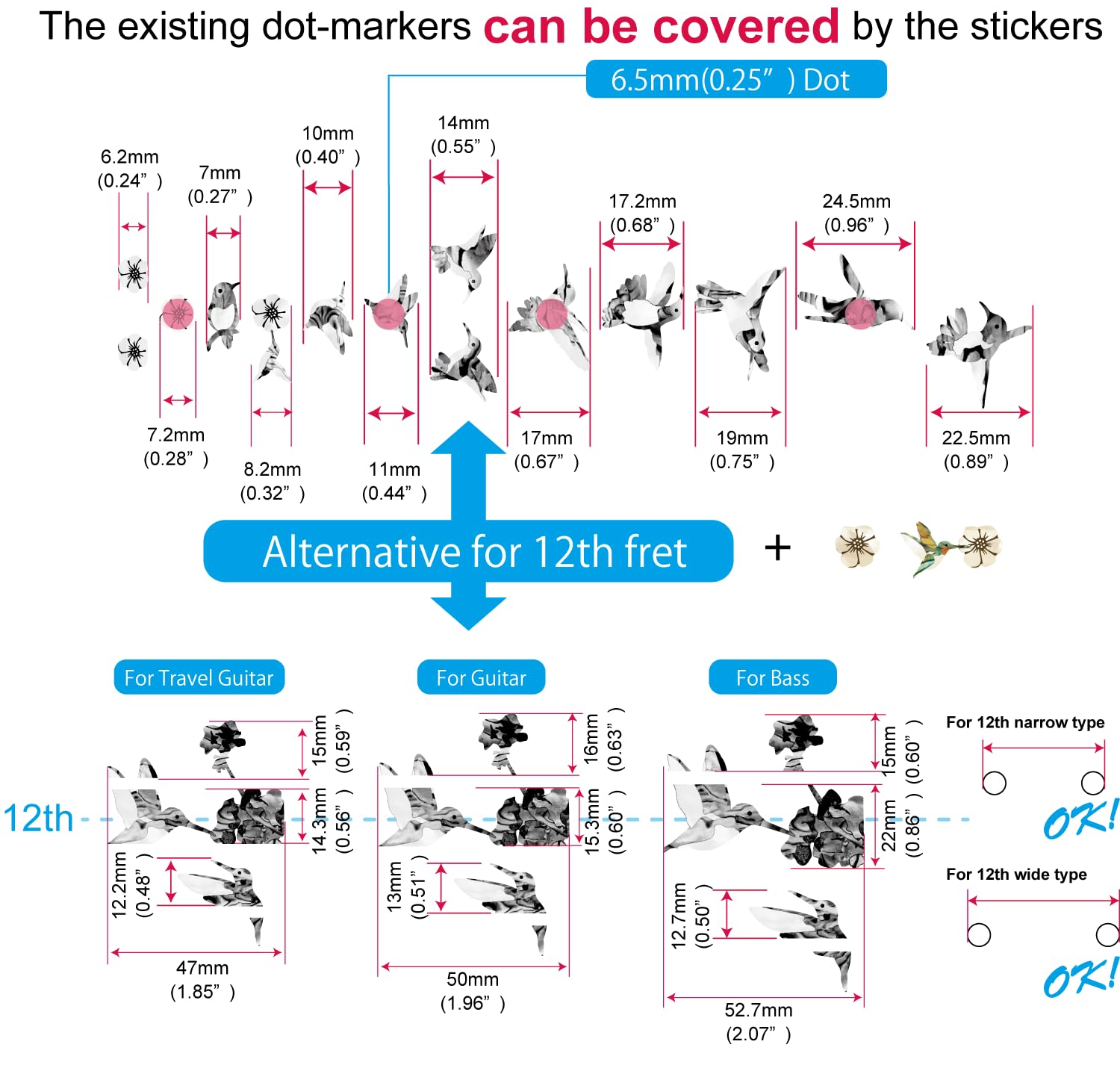 Inlaystickers Bee Hummingbirds - Fret Markers Inlay Stickers Decals for Guitars F-326BH-GT