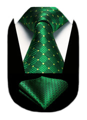 HISDERN Emerald Green Ties for Men Check Forest Green Neck Tie and Pocket Square Set for Wedding