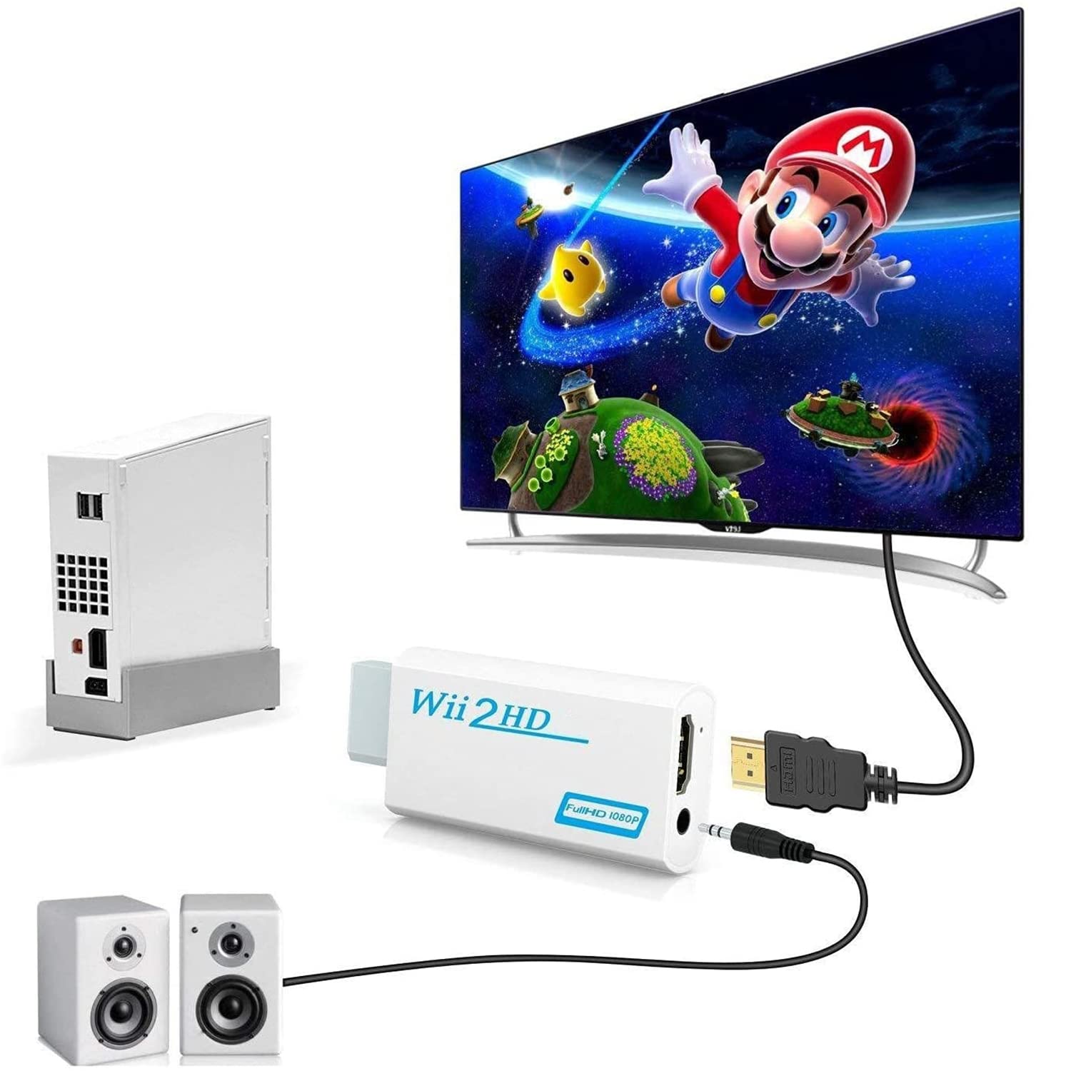 TFUFR Wii to HDMI Converter, Wii to HDMI Adapter Connector with Full HD 1080p/720p Video Output and 3.5mm Audio, Supports All Wii Display Modes Game (White)