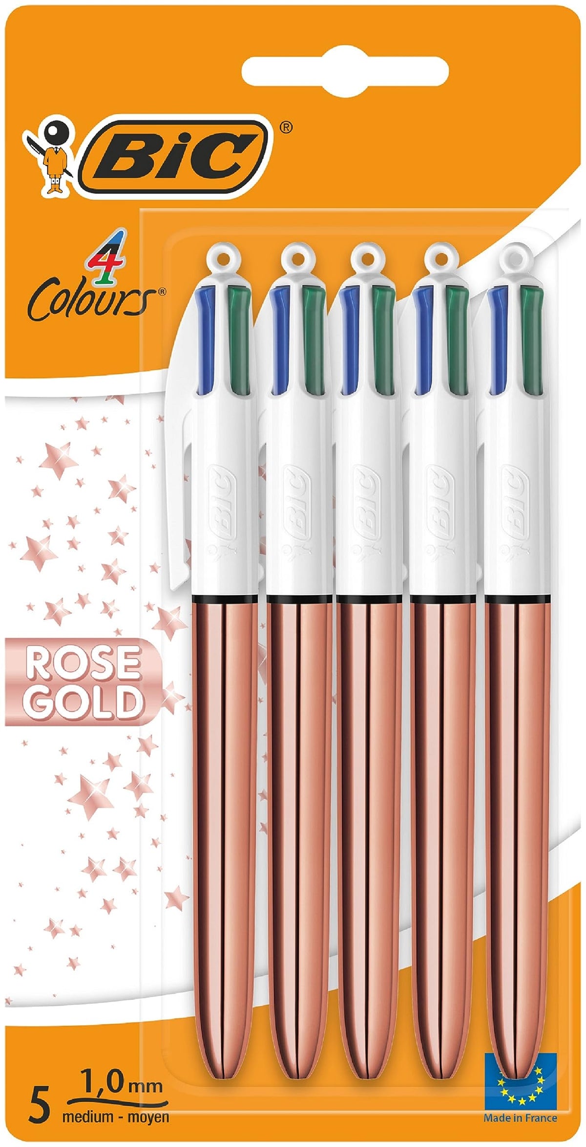 BIC 4 Colours Rose Gold Pen, Multi Coloured Pens All In One, Retractable Ballpoint Pen, Medium 1.0mm, Green, Blue, Red, Black, 5 Pens Per Pack, 1 Pack