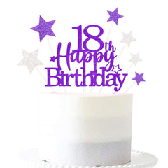 Glittery 18th Happy Birthday Cake Topper with Star,Personalised 18 Birthday Cake Toppers Party Decorations Party Supplies for Boys Girls Purple Silver