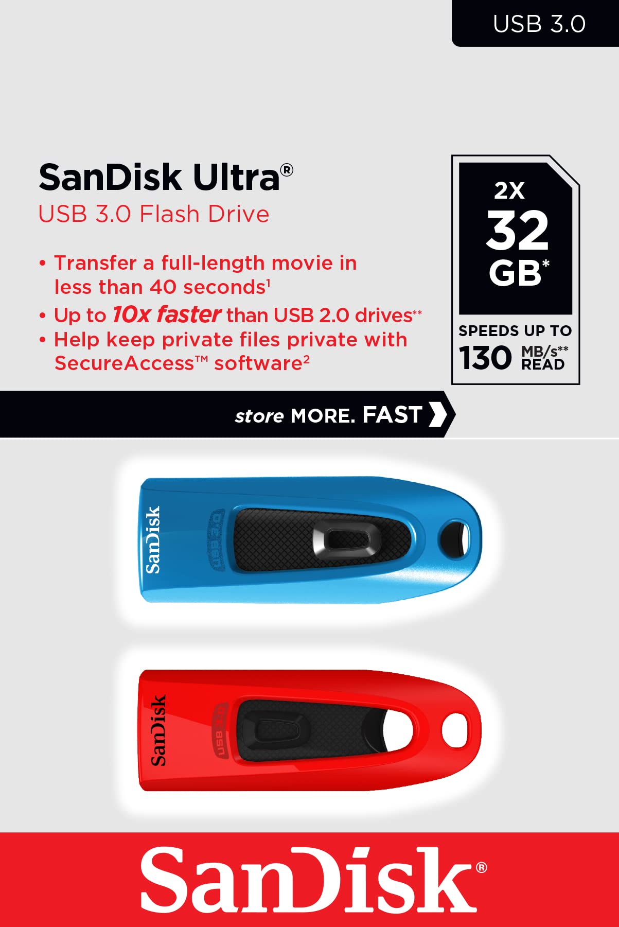 SanDisk Ultra 32 GB USB Flash Drive USB 3.0 Up to 130 MB/s Read - Twin Pack, Red/Blue