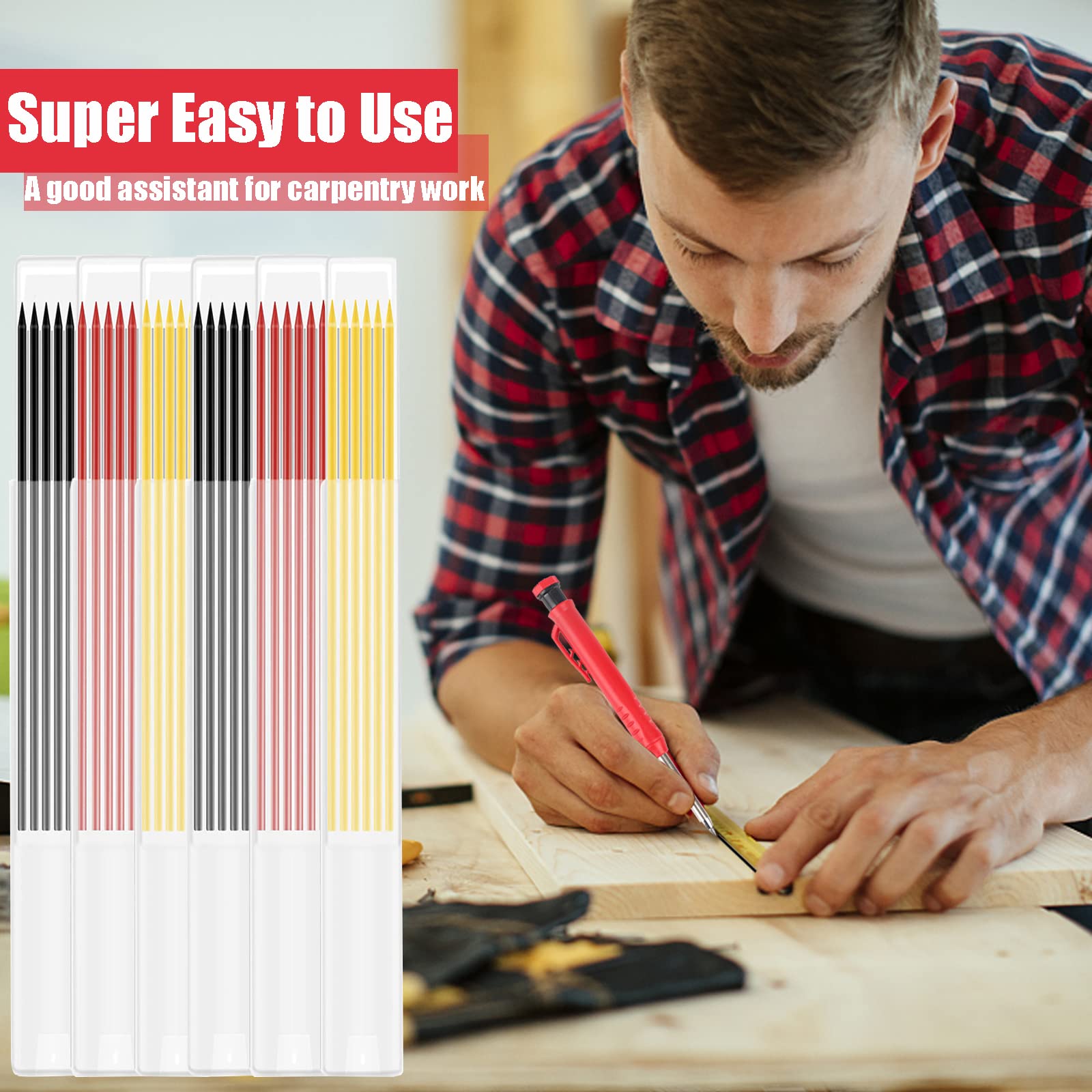 36Pcs Tracer Pencil Refills, 2.8mm Solid Deep Hole Pencil for Architect Construction & Building, Joiners Pencil Tracer Replacements, Woodworking Marking Scribe Tools(Black Yellow Red)