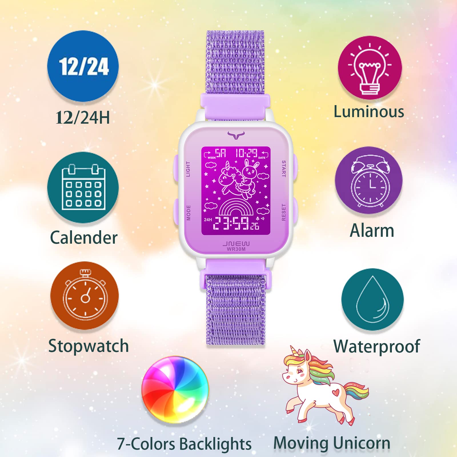 Venhoo Kids Digital Watch Outdoor Sport Woven Nylon Strap 7 Colorful LED Electrical Wrist Watches with Alarm Luminous Stopwatch for Little Girls Child-Purple Unicorn