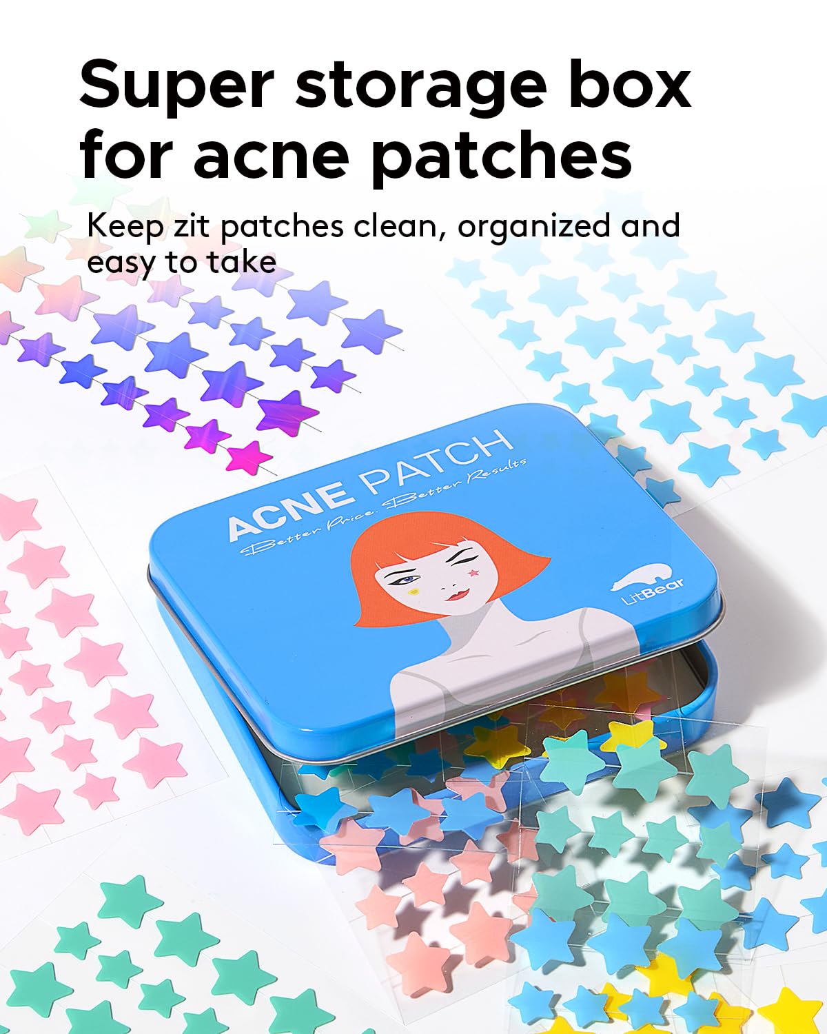 LitBear Acne Pimple Patch, 6 Colors 168 Dots Star Pimple Patches with Case, Tea Tree Oil & Centella Oil, Hydrocolloid Acne Pimple Patches for Face Cute Zit Patches Pimple Stickers Acne Dots