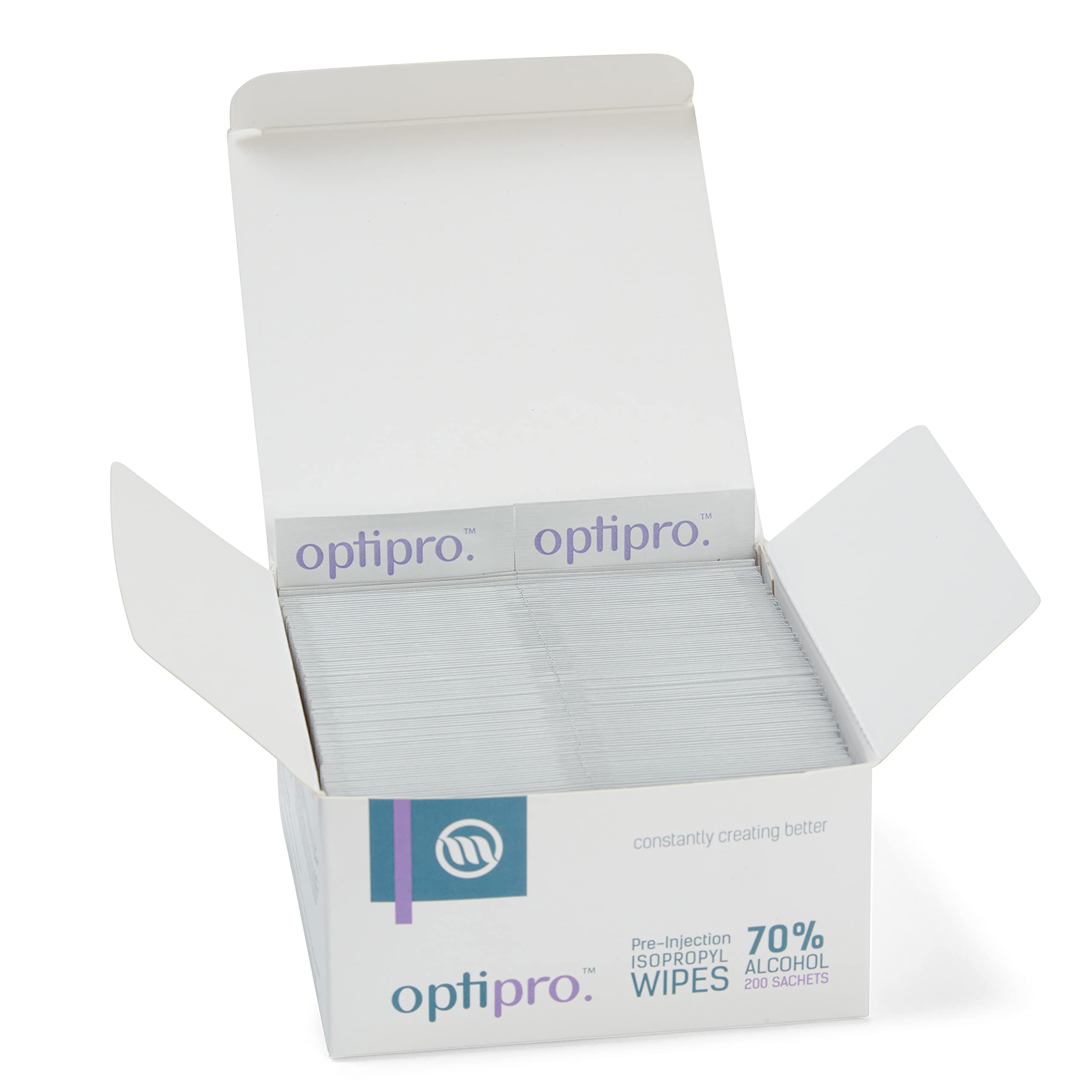 OptiPro Pre-Injection Wipes (x200) - Individually Wrapped Disposable Medical Skin Cleaning Easy-Tear 70% Isopropyl Alcohol Sachet Wipes (200 Wipes)