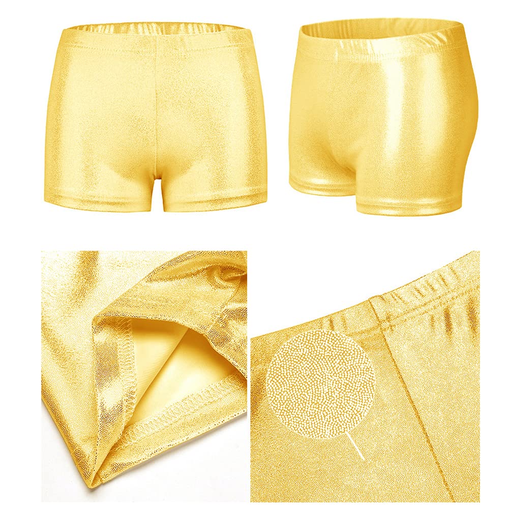 PythJooh Girls Dance Shorts, Little Girls Sparkle Glitter Gymnastics Shorts Metallic Athletic Dancewear Shorts 3-14 Years Gold