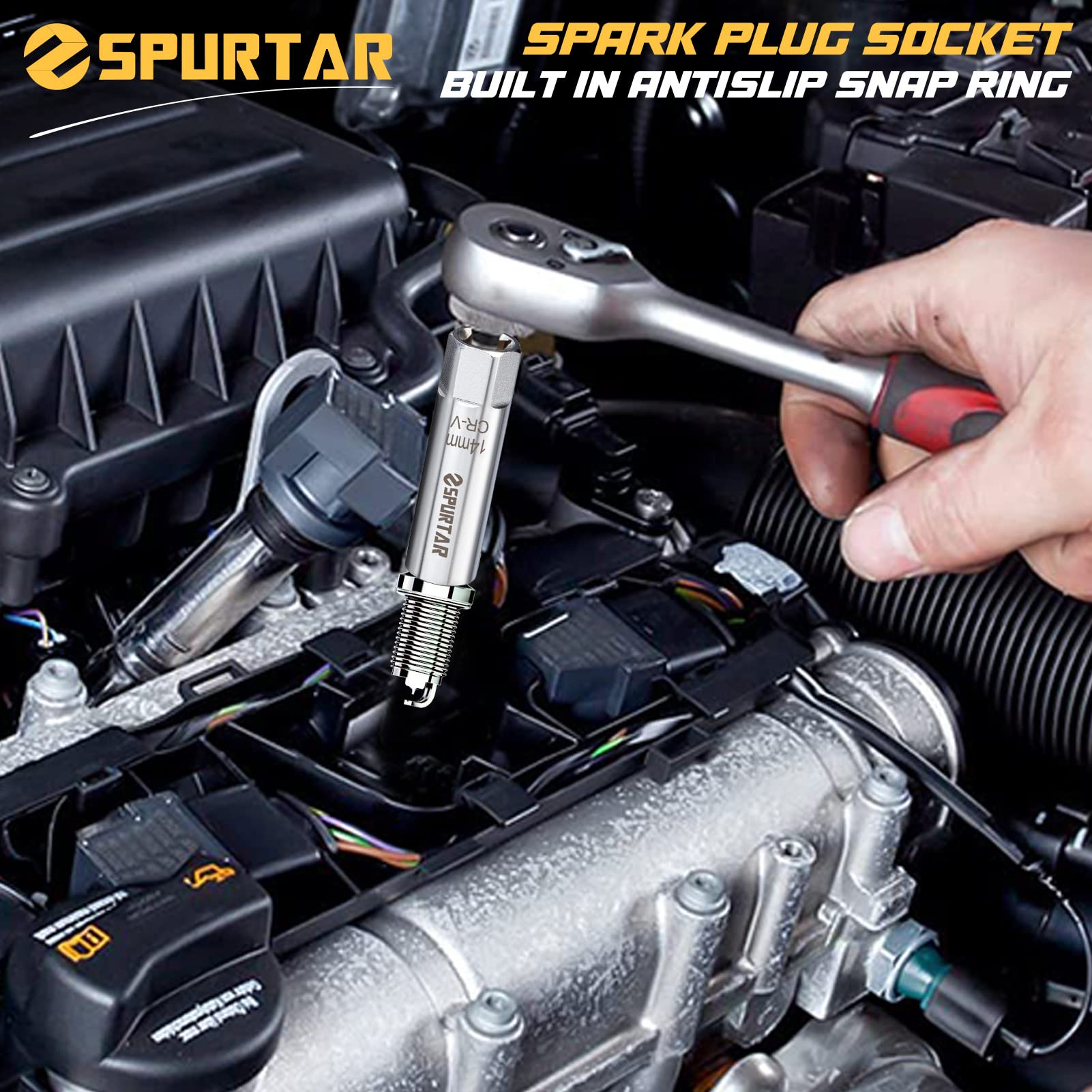 Spurtar 14mm Spark Plug Socket 12-Point Thin Wall, Build-in Spring Clips Spark Plug Removal Tool Compatible with BMW, Mercedes, Nissan, Peugeot, Mini Motorcycle, Car, SUV - 3/8 inches Drive