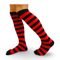 Colourful Baby World Kids Girls Striped Party Fancy Dress Up Knee Socks Black Red Blue Age 6 7 8 9 10 (Black-red, 6-10 Years)