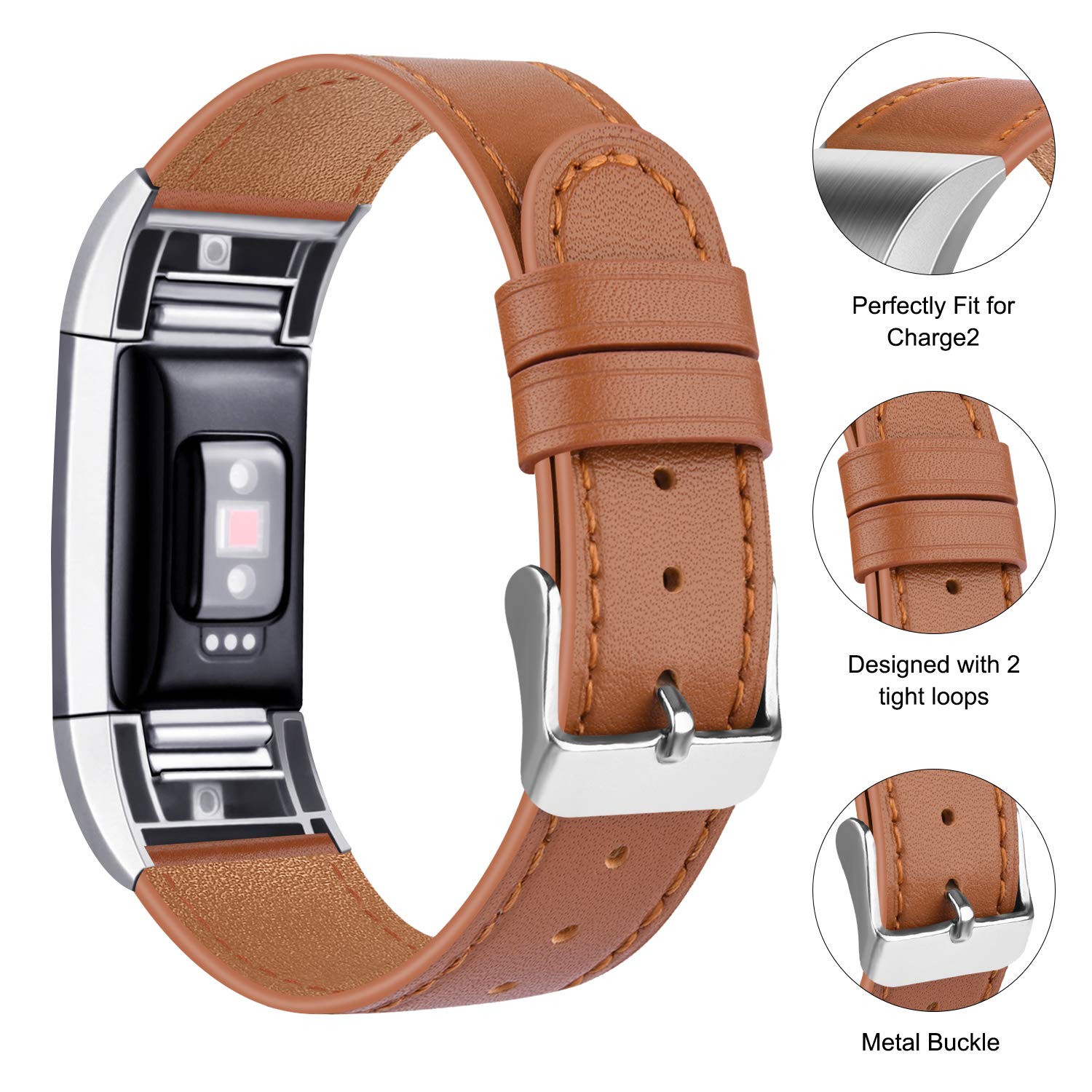 Wanme For Fitbit Charge 2 Strap Leather Straps, Classic Adjustable Replacement Straps with Metal Connectors for Fitbit Charge 2 (06 Brown, 5.5 inches - 8.1 inches)