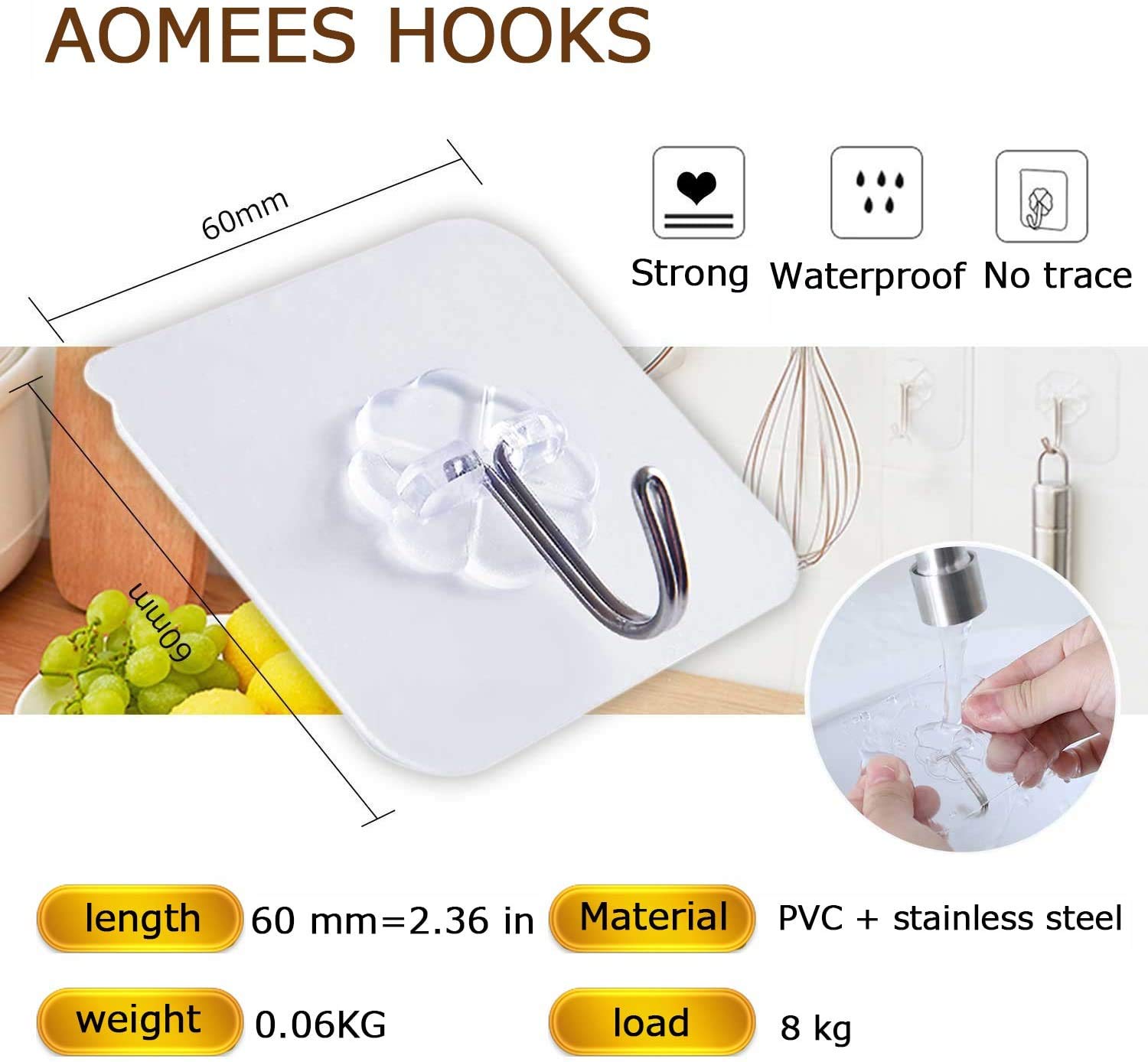 AOMEES Adhesive Hooks Heavy Duty Wall Hooks 8kg (Max) Self Adhesive Hook 12pcs