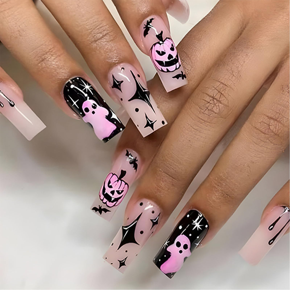 Ceboic 24Pcs Halloween False Nails Long Coffin, French Tips False Nails Glossy Pink Pumpkin Press on Nails Cute Acrylic Full Cover Stick on Nails for Women and Girls DIY Nails Art