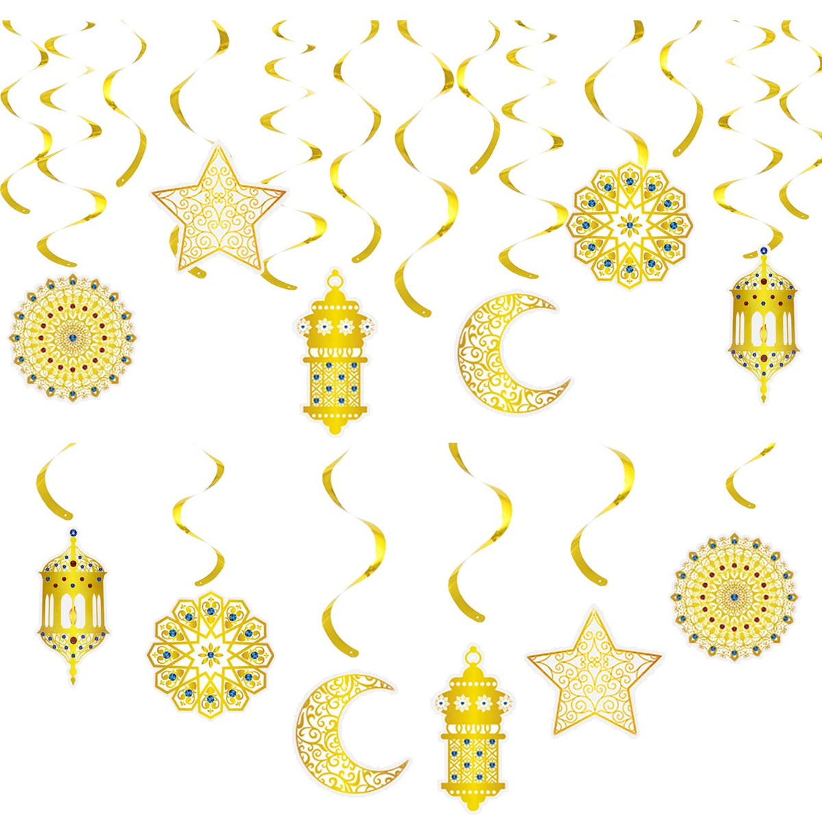 12Pcs Eid Decorations, Eid Decorations for Home,Eid Mubarak Banner Hanging Swirl Star Moon Castle Crescent Streamer-Ceiling Decorations for Islam Muslim Holiday Decorations Supplies