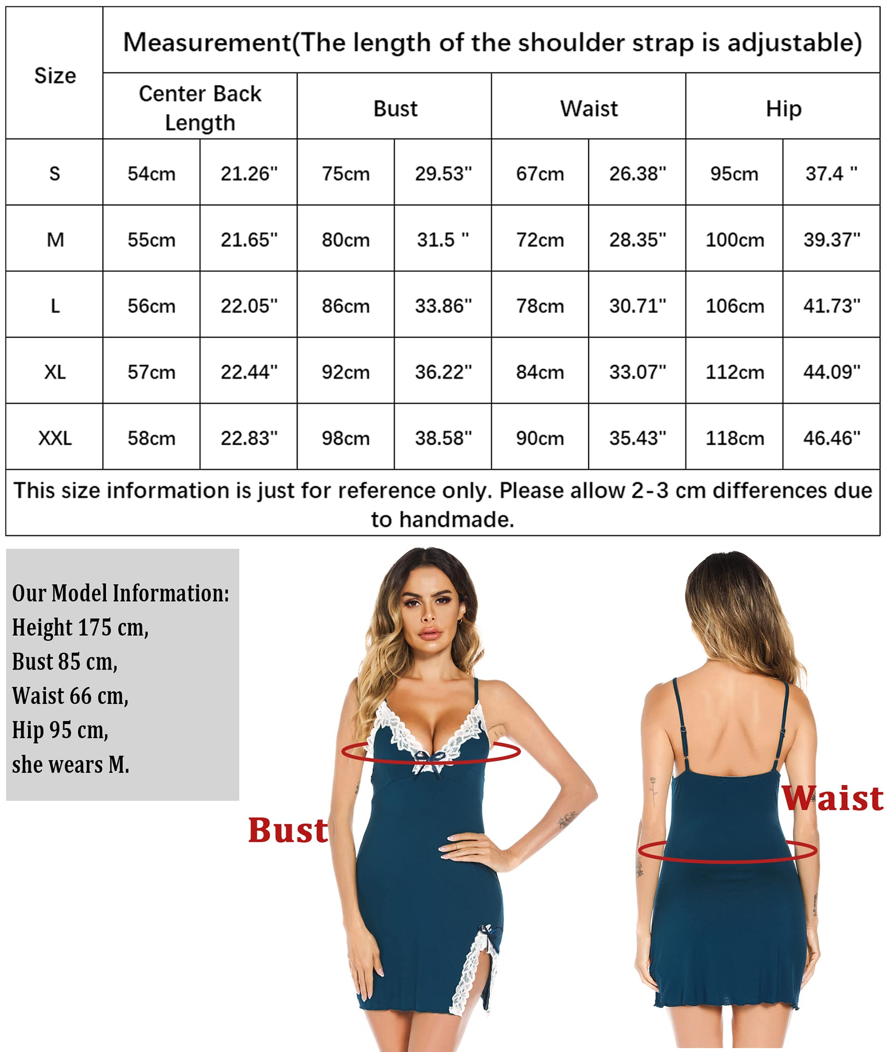 Vlazom Women Nightdress,Lace Nighties Chemise for Ladies Soft Sexy V Neck Negligee Nightgown,A-Lake Blue,XXL