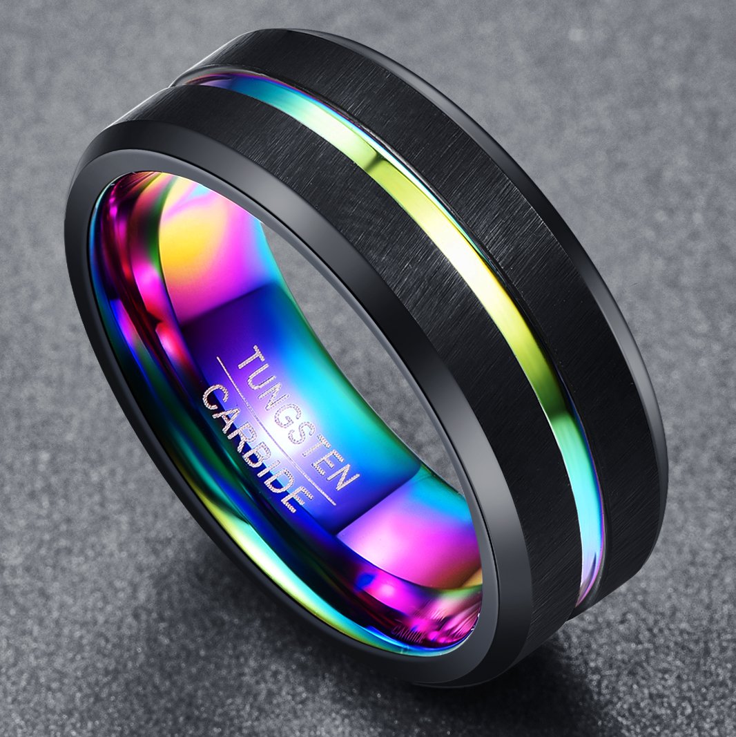 NUNCAD Male Black Tungsten Ring Groove Wedding Engagement Band with Colorful Plated Matte Finish Size Zand4