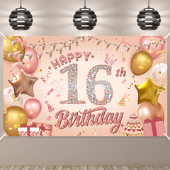 Pinenuts Happy 16th Birthday Banner Rose Gold Birthday Party Decorations Backdrop, Birthday Sign Poster Birthday Photo Background Fabric Banner for Girls Women, 110 x 180 cm( 16th)