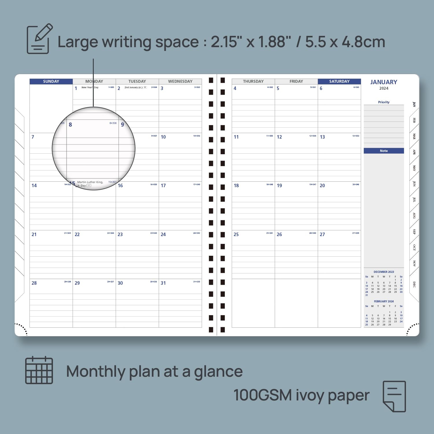 POPRUN 2024 Diary Week to View A4 Spiral Soft Cover 15 Minute Appointment Diary (Sunday start), 24 Weekly Planner Packaged in A Gift Box, Monthly Tabs - Brown