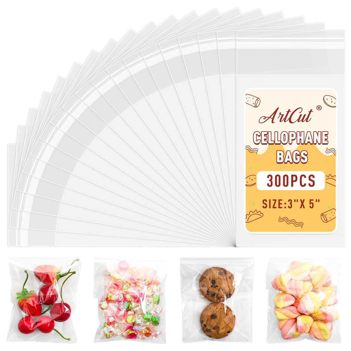 Artcut 300 PCS Cellophane Bags, 3 inches X 5 inches Cookie Bags, Self Adhesive Clear Bags, Small Plastic Bags, Clear Cellophane Bags, Sweet Bags Treat Bags, Self Seal Bags for Sweets, Gifts, Jewellery