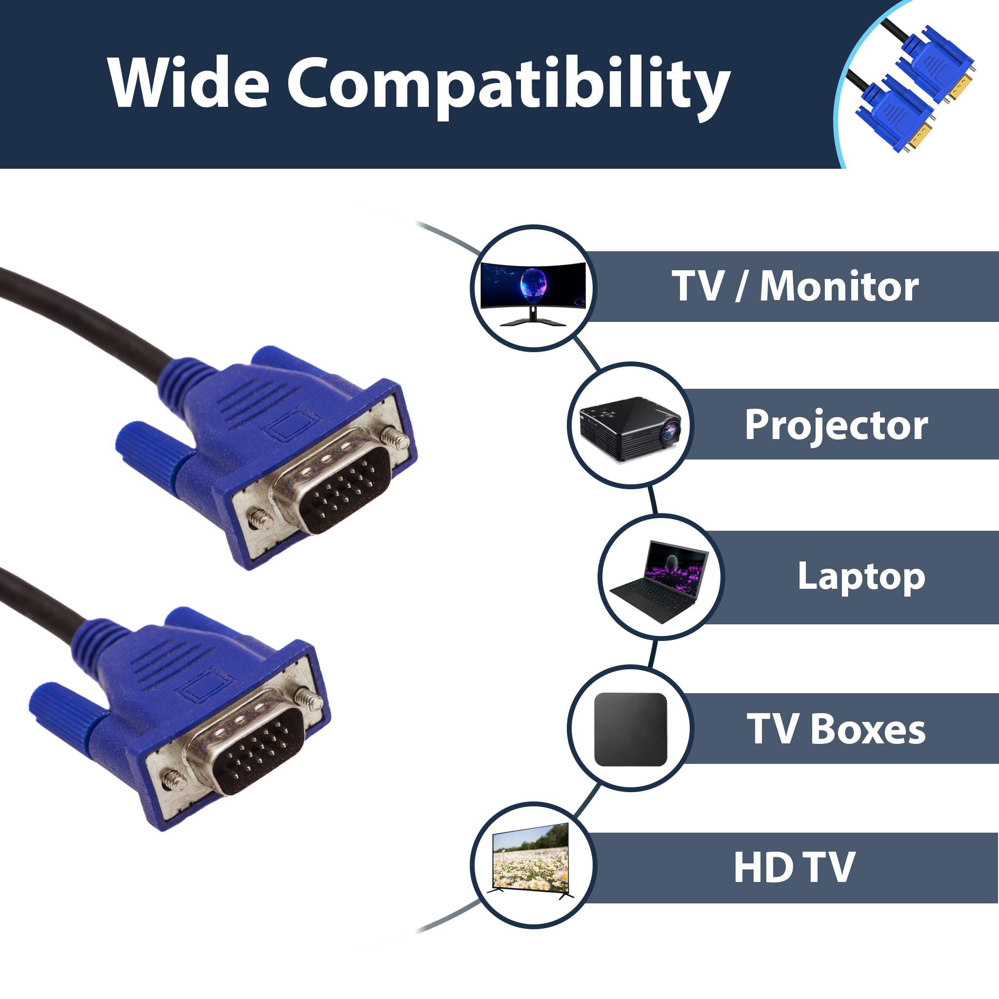 Pipestation VGA Cable 1.5m - VGA to VGA Cable Full HD - Secure & Reliable Connection Monitor Cable - VGA to VGA Male to Male for Monitors, PCs - PC Cables for Computer