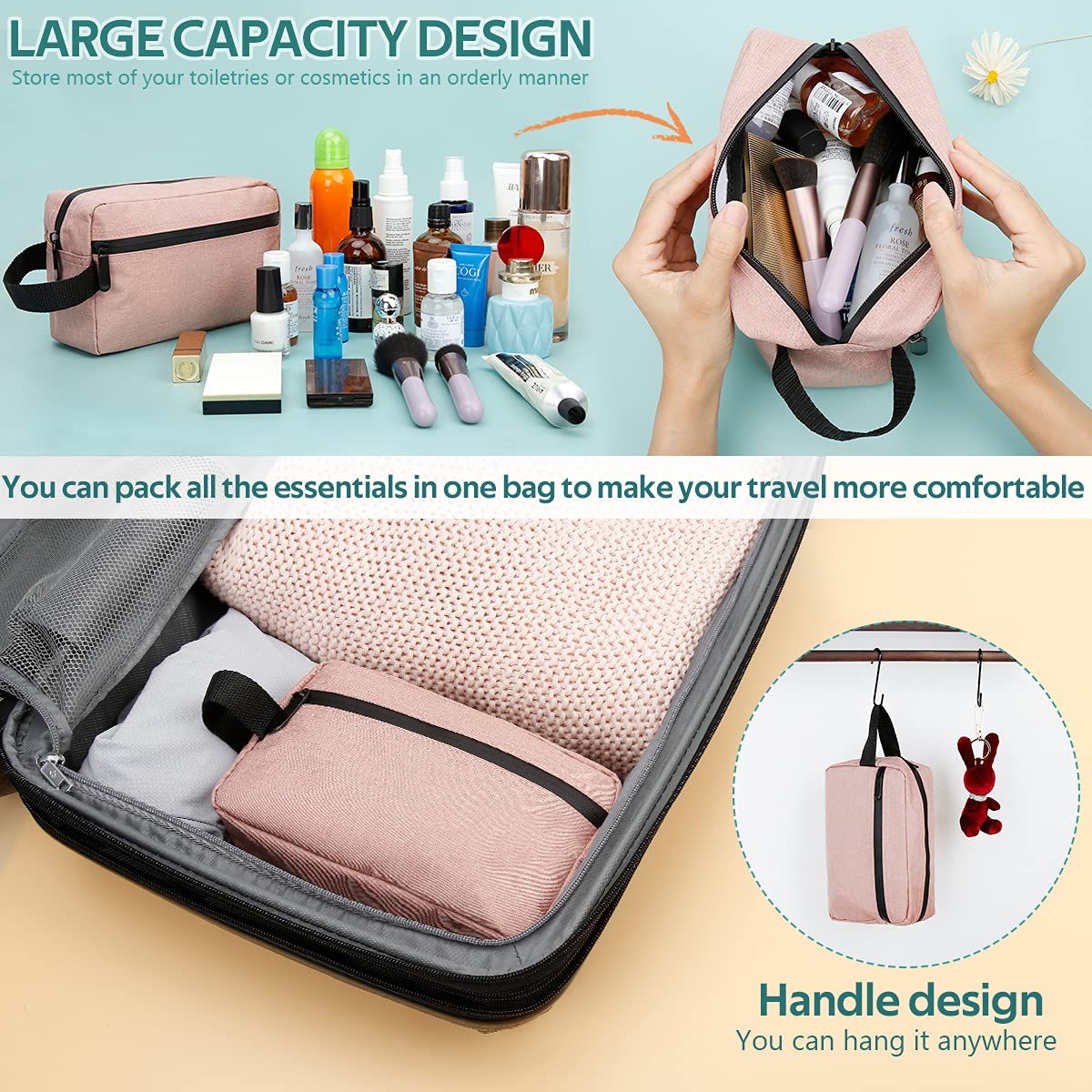 FUNSEED Travel Toiletry Bag for Women and Men, Shaving Bag for Toiletries Accessories, Foldable Storage Bags with Handle for Cosmetics Brushes Tools,Pink