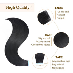 AGMITY Tape in Hair Extensions 100% Remy Human Hair Jet Black 22 inches 20pcs 50Gram Invisible Straight Thick Real Human Hair Tape in Extensions(22 inches #1 Jet Black)