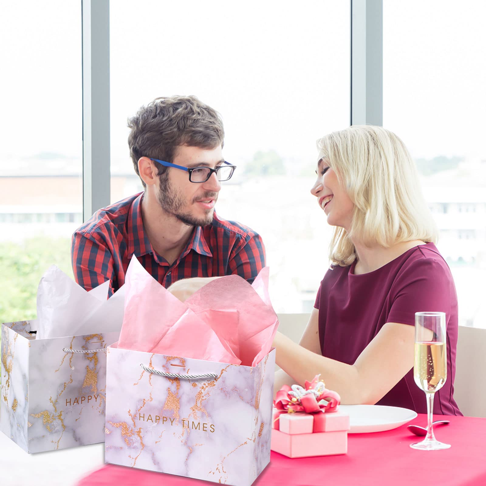 HuaJiao 2 Pack Gift Bags, Medium Paper Present Bags with 2 Tissue Paper and Bow Ribbon for Birthday Valentines Day Mothers Day Wedding Blue Pink (25 X 20 X 12 cm)