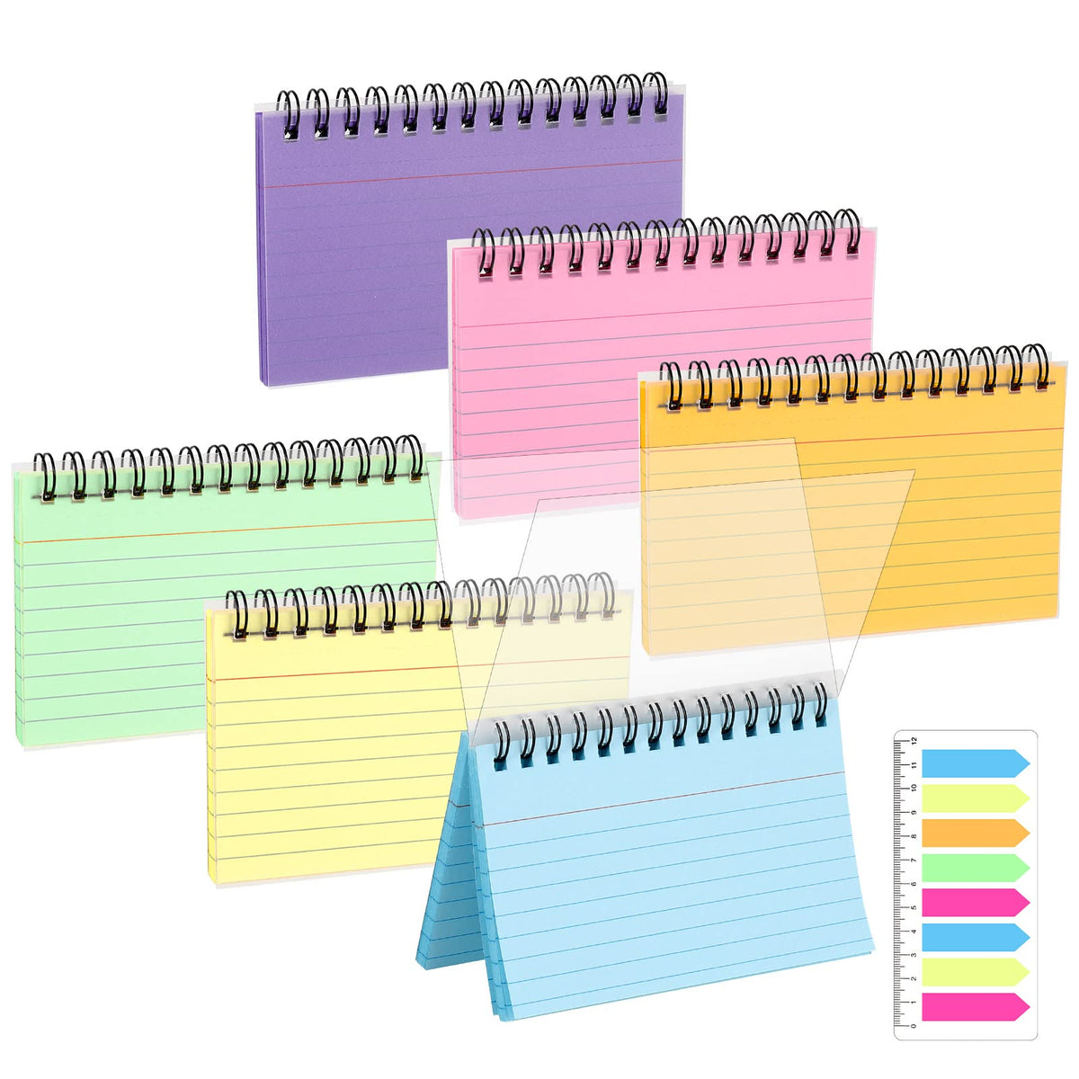 Dacitiery 6 Packs Index Cards, 300 Sheets Flash Cards Coil Multicolor Revision Flash Cards with 180 Sheets Sticky Index Tables Memo Note Revision Cards for Home School Office, Total 480 Sheets