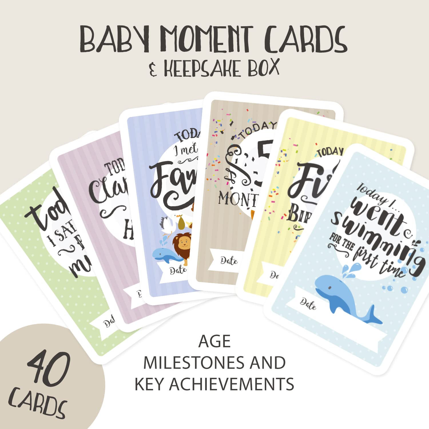 Baby Moment Cards & Keepsake Box – 40 Unisex Landmark Memory Milestone Photo Cards & Pregnancy & Age Markers– Perfect Boy Girl Baby Shower Set with Original Pastel