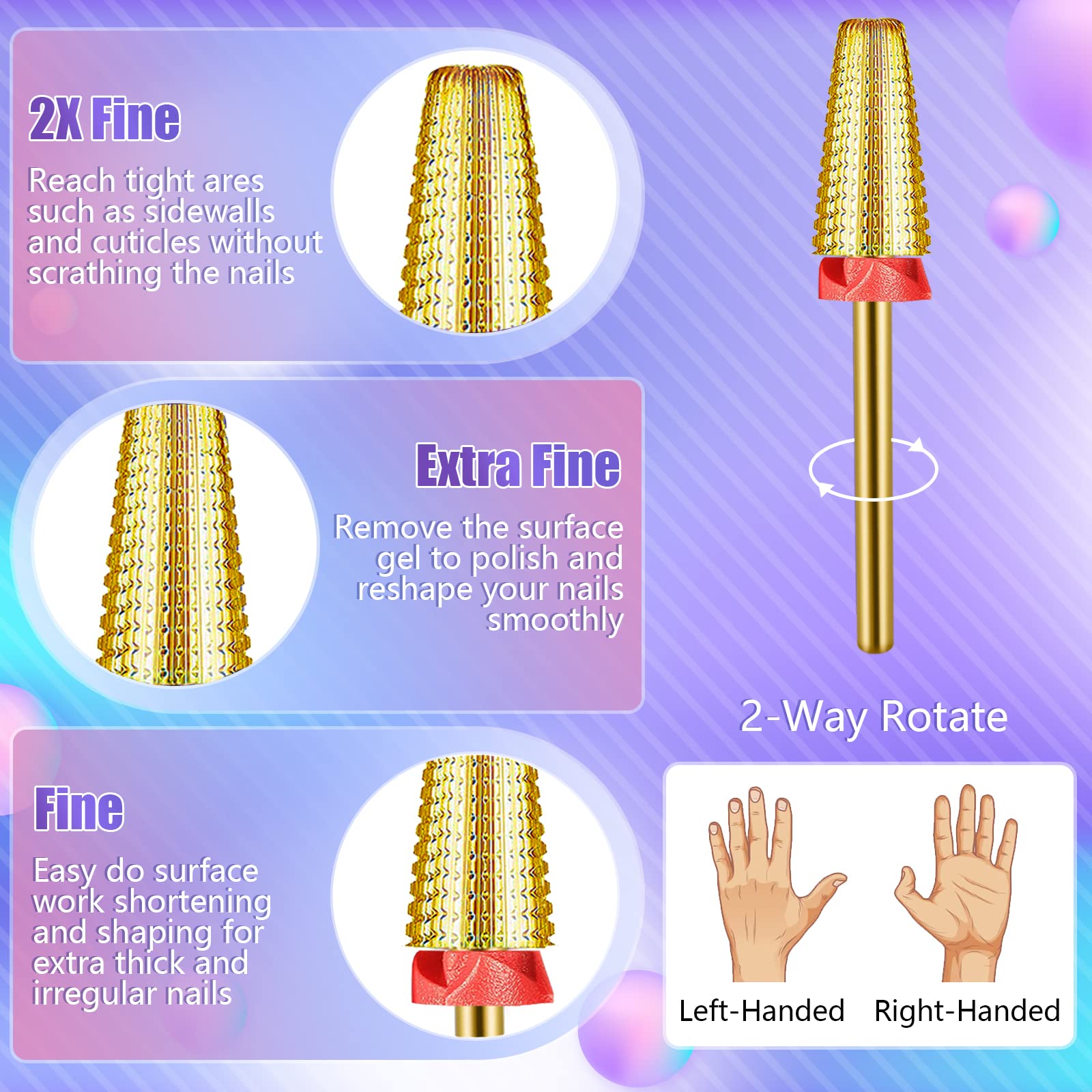 [2022 Upgraded]3Pcs Nail Drill Bits Set, 5 in 1 Drill Bits for Nails 3/32 Inches, Tapered Barrel and Cone Shape Carbide Nail Drill Bits for Acrylic or Gel Remover