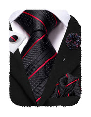 Hi-Tie Black Red Ties for Men Silk Striped Mens Ties and Flower Lapel Pin Necktie Handkerchief Cufflinks Set for Wedding