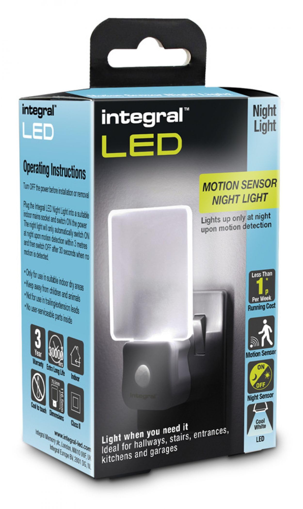 Integral LED Motion Sensor Night Light, Plug in Wall with Dusk to Dawn Photocell Sensor, for Hallways, Landings, Stairs, Kitchens, Bedrooms, Baby’s Nursery and More,Transparent, Pack of 1