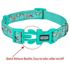 YUDOTE Dog Collar Large Soft Strong Nylon with Floral Printed Ribbon Adjustable for Active Canines Neck 40-66cm,Turquoise Color