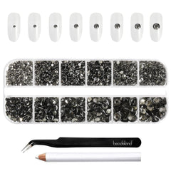 Beadsland Rhinestones for Makeup,8 Sizes 2500pcs Blackdiamond Flatback Rhinestones Eye Gems for Nails Crafts with Tweezers and Wax Pencil,Blackdiamond,SS4-SS30